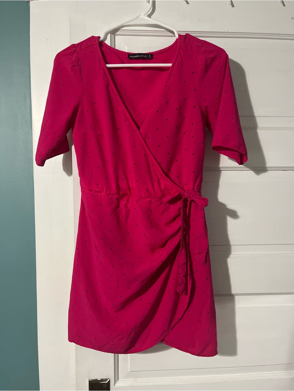 Abercrombie & Fitch Hot Pink Wrap Mini Dress with Tiny Black Dots